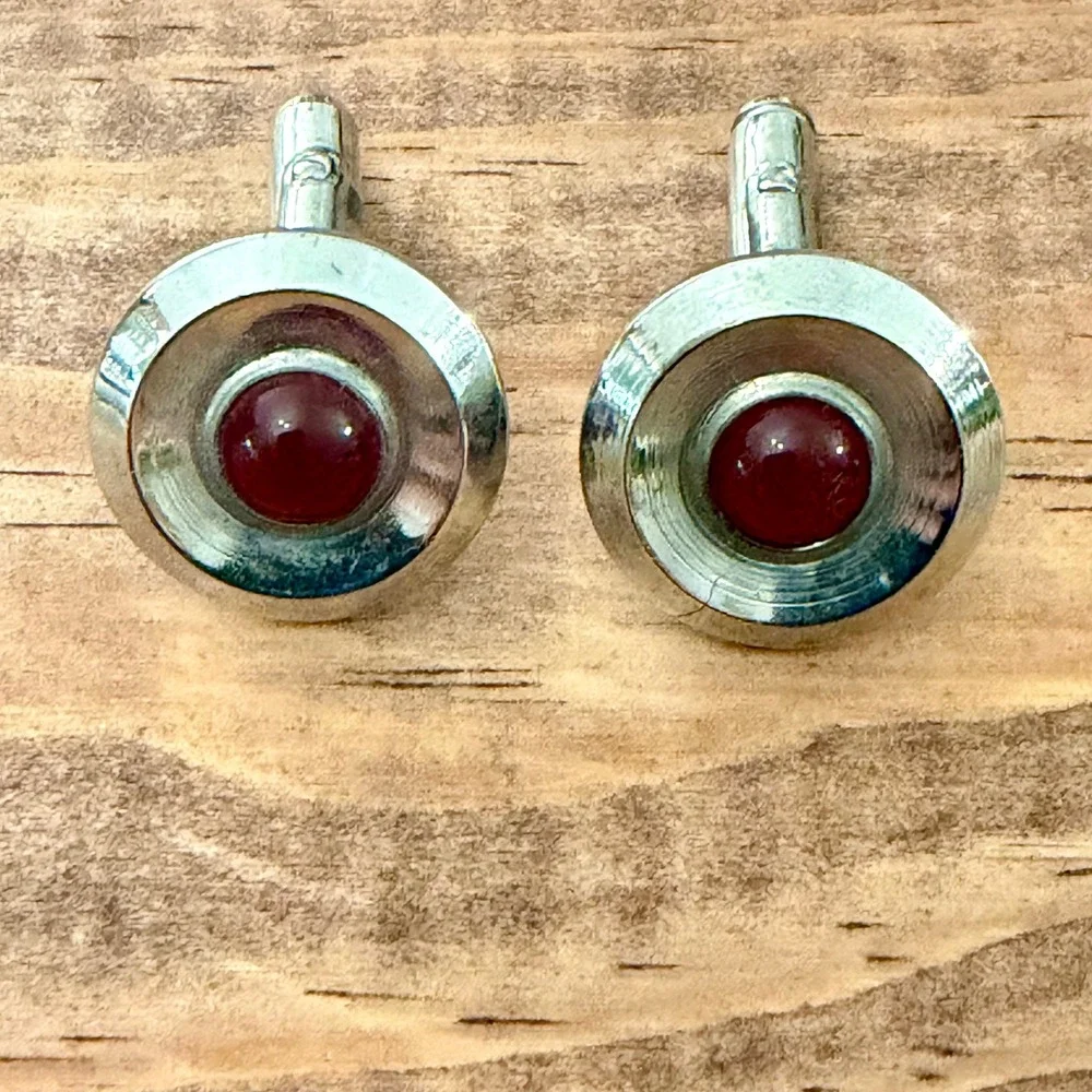 Vintage Silver Tone Red Cabochon Bullseye Cufflinks Mid Century Modern Retro
